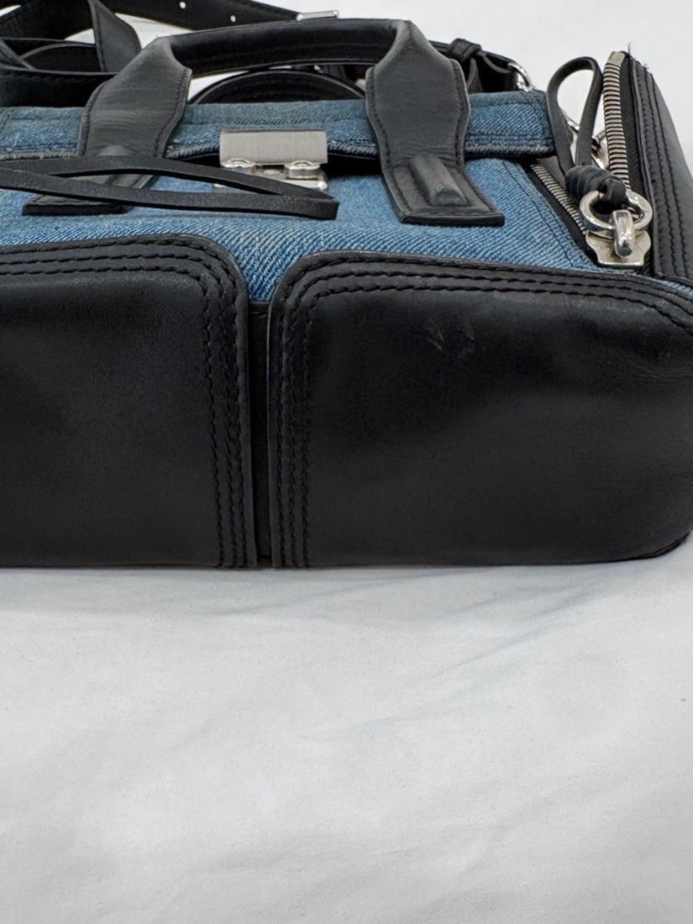 3.1 Phillip Lim Pashli Denim/Black Leather Satchel Top Handle Detachable Strap - Picture 7 of 10